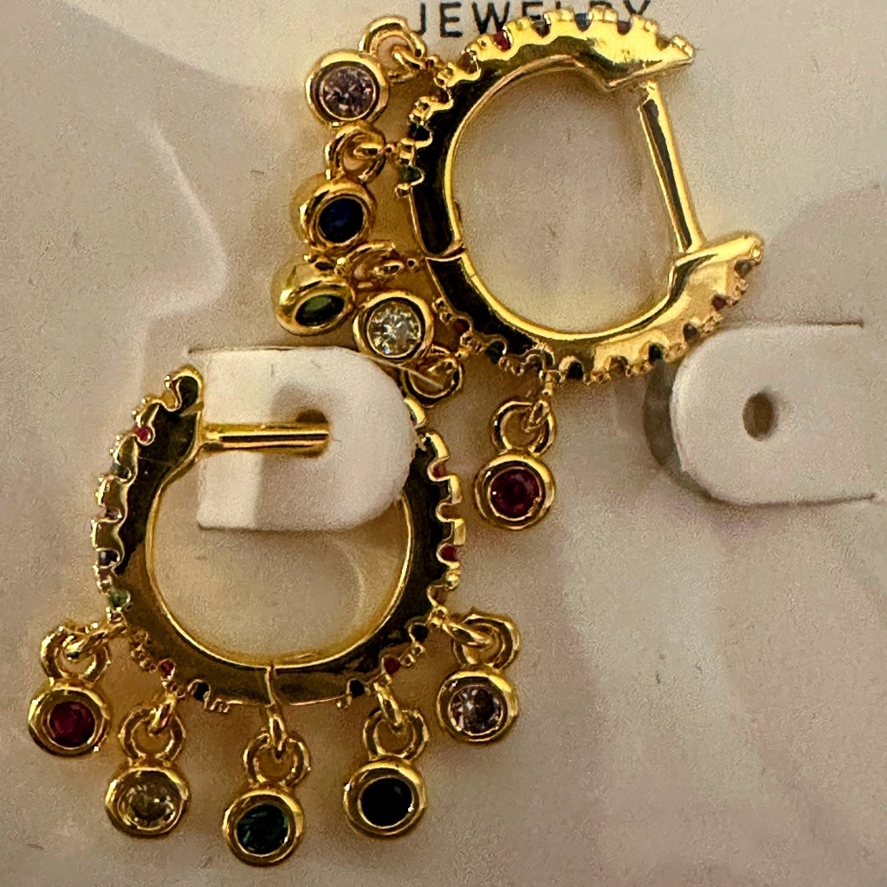 Simply Whispers Delicate Rainbow Gem Huggies with Dangling Gemstones